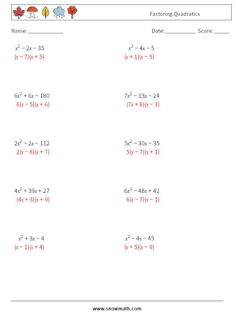 Factoring Quadratics Math Worksheets 3 Question, Answer