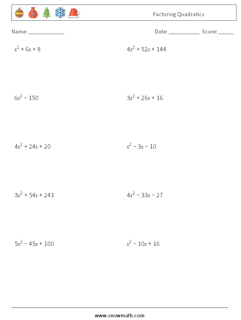 Factoring Quadratics Math Worksheets 4