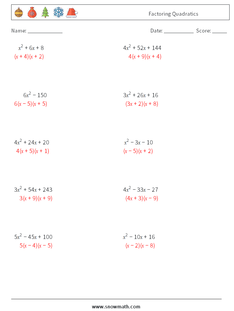 Factoring Quadratics Math Worksheets 4 Question, Answer