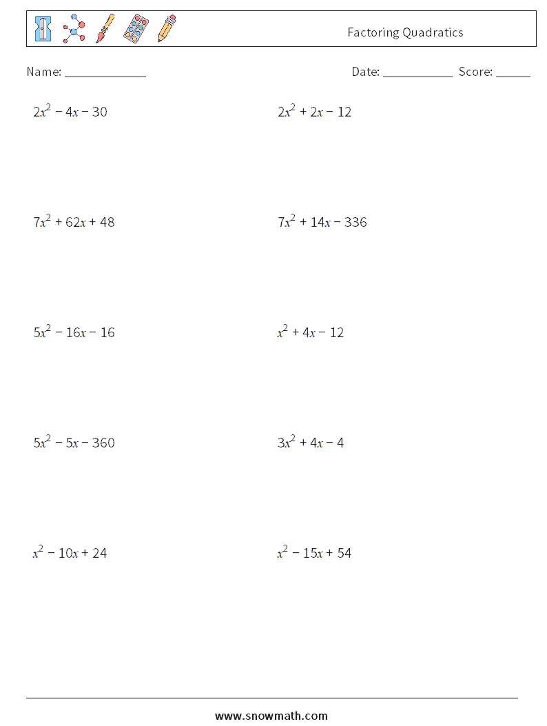 Factoring Quadratics Math Worksheets 5