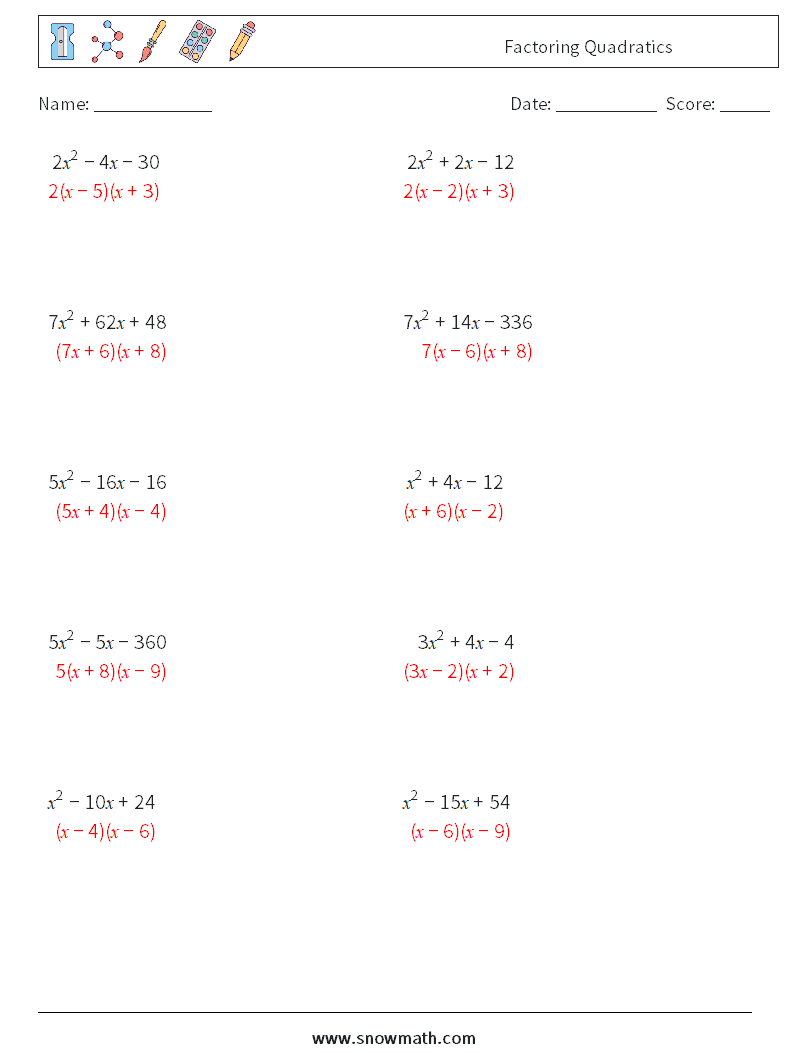 Factoring Quadratics Math Worksheets 5 Question, Answer