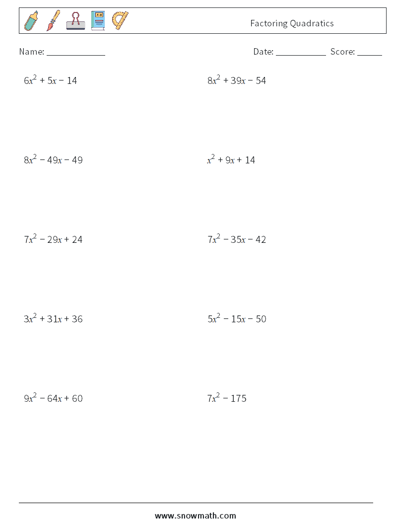 Factoring Quadratics Math Worksheets 6