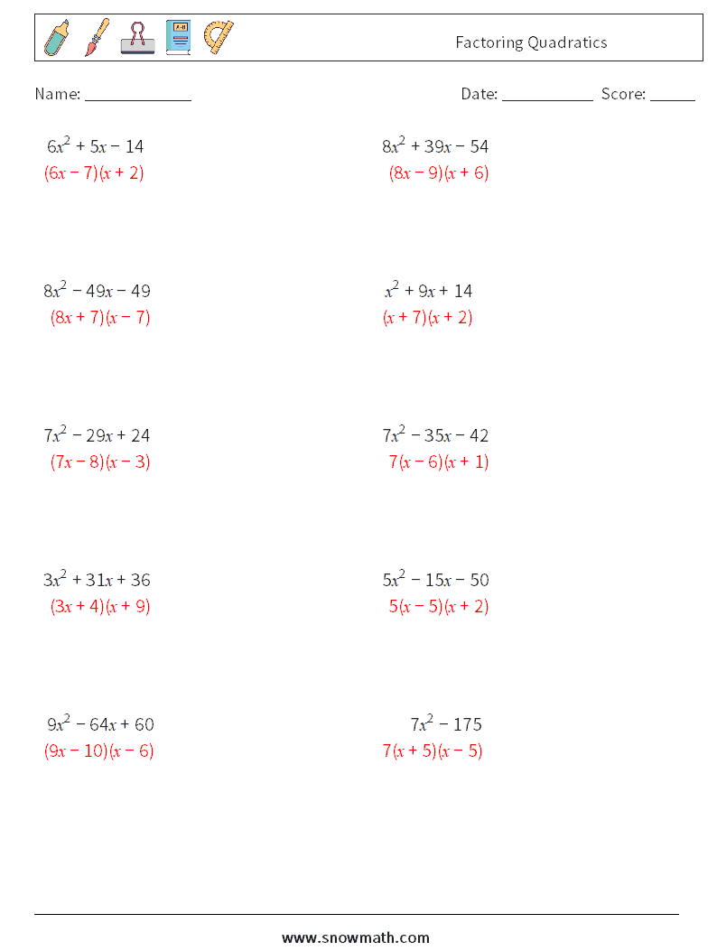 Factoring Quadratics Math Worksheets 6 Question, Answer