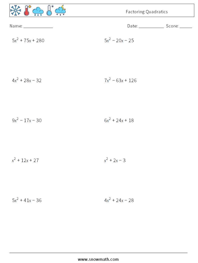 Factoring Quadratics Math Worksheets 7