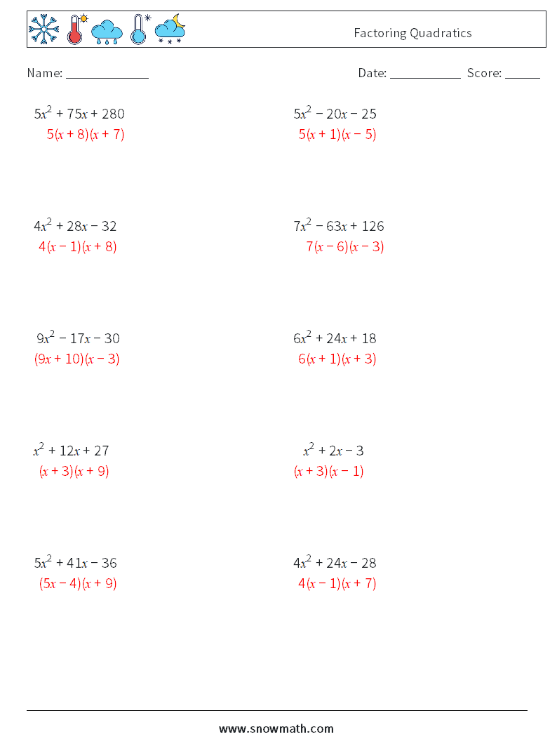 Factoring Quadratics Math Worksheets 7 Question, Answer