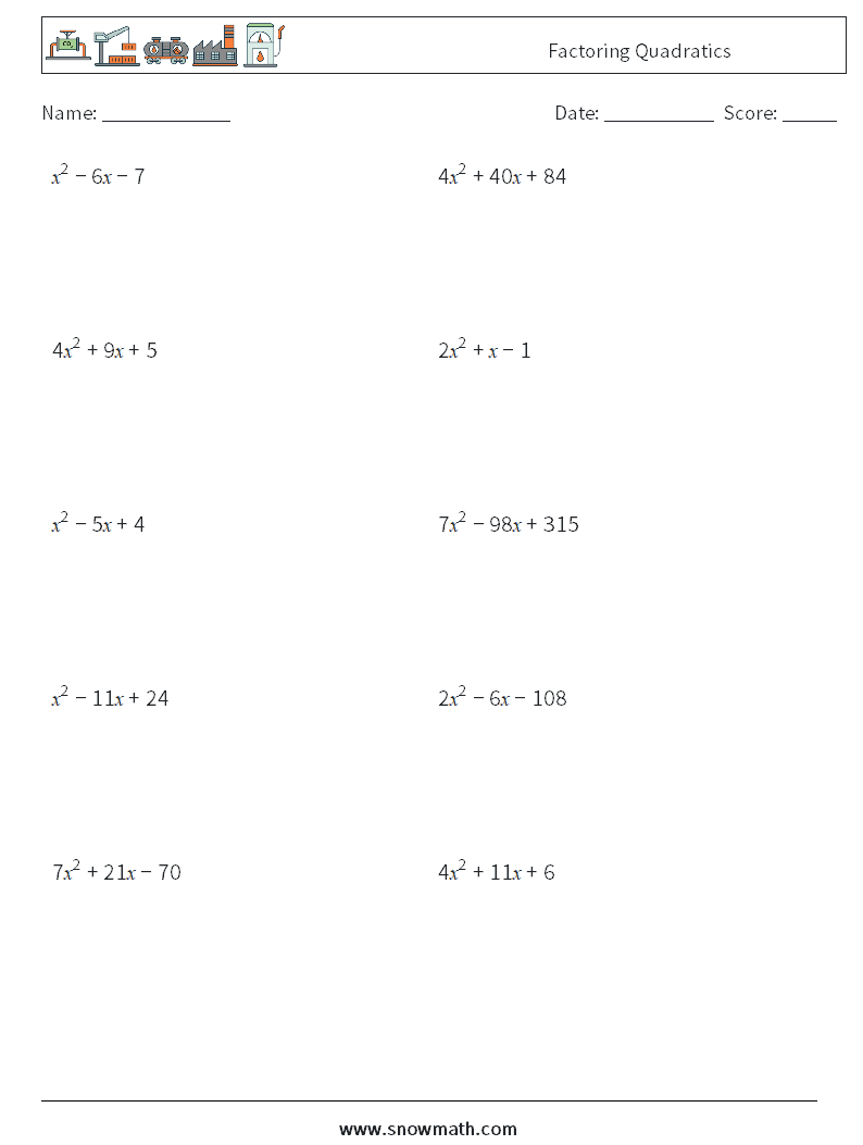 Factoring Quadratics Math Worksheets 8