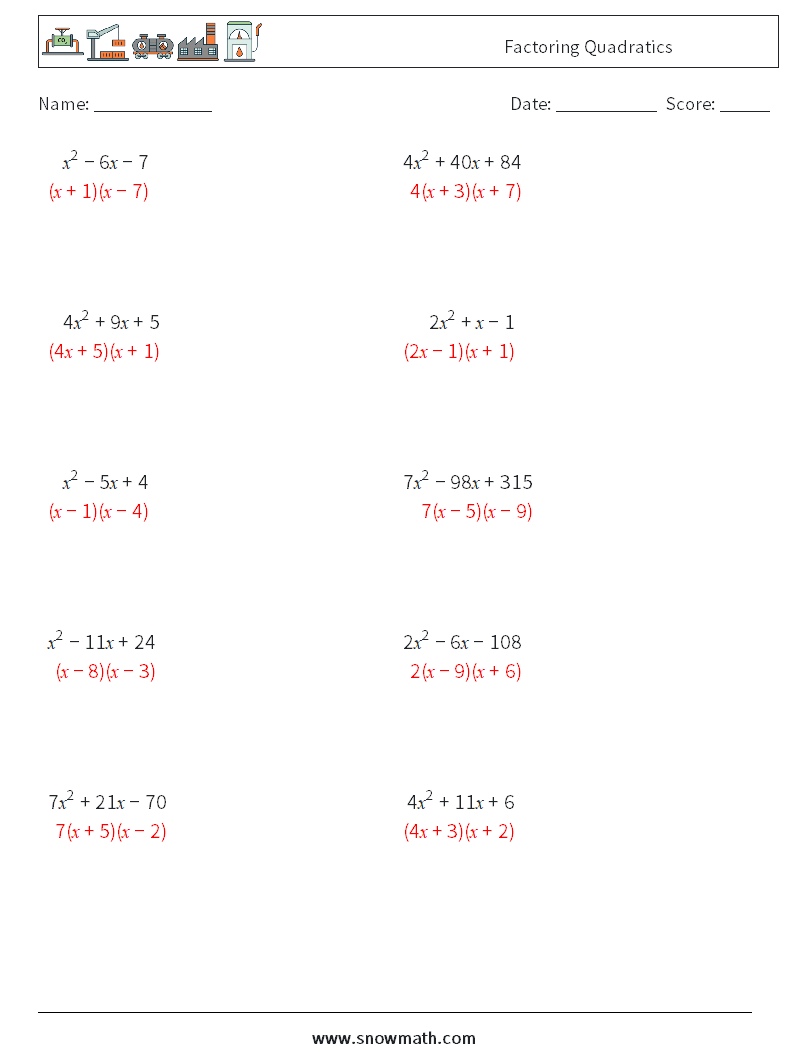 Factoring Quadratics Math Worksheets 8 Question, Answer