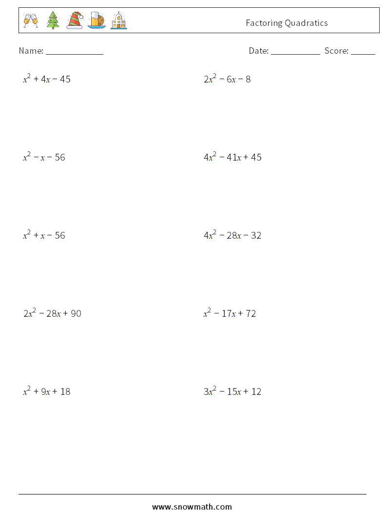 Factoring Quadratics Math Worksheets 9