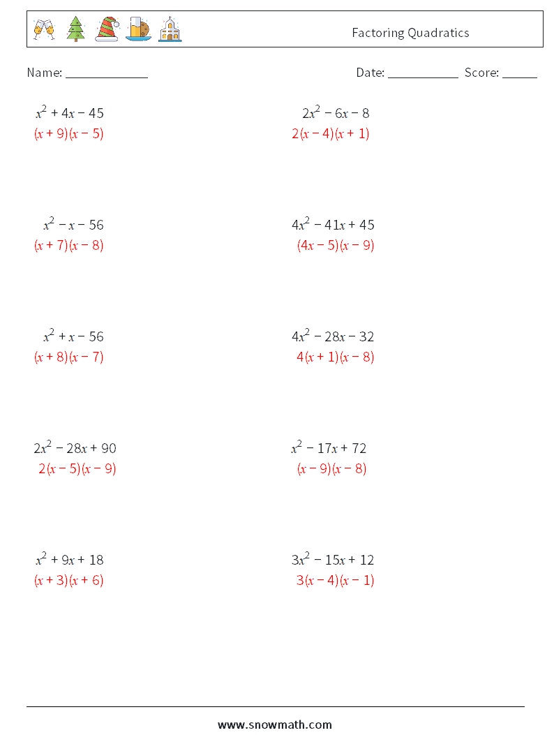 Factoring Quadratics Math Worksheets 9 Question, Answer