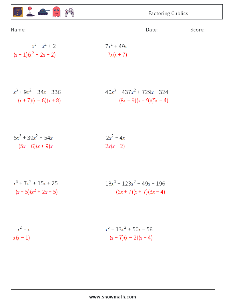 Factoring Cublics Math Worksheets 1 Question, Answer