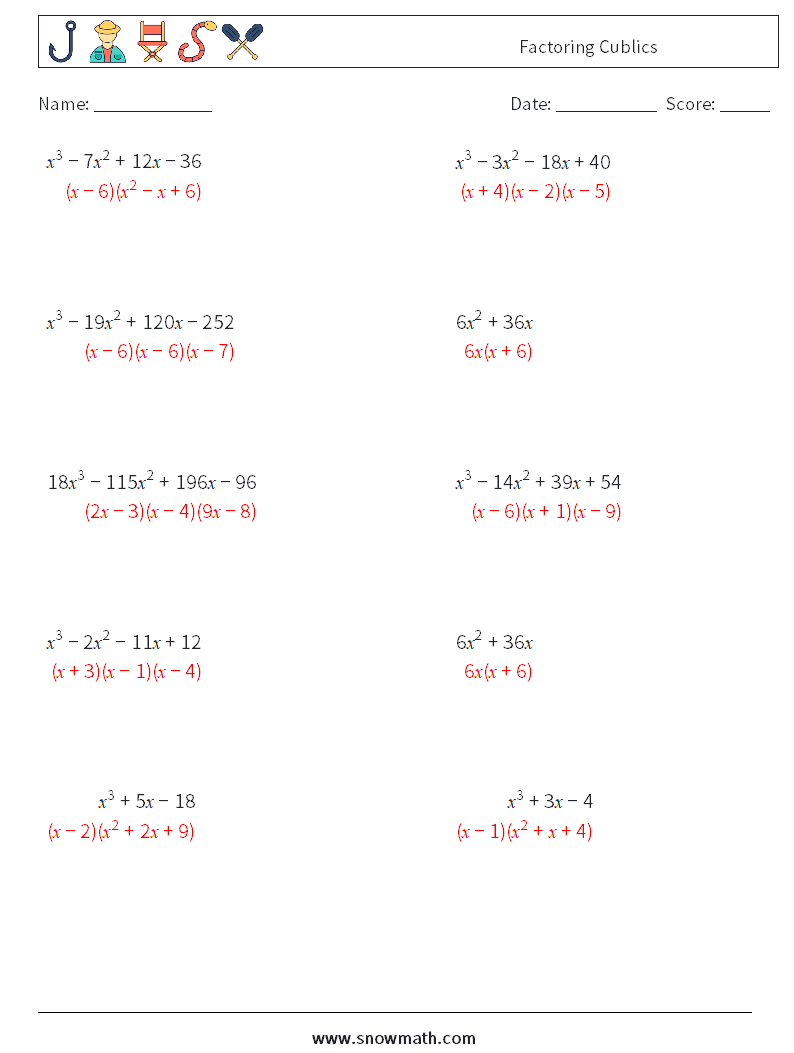 Factoring Cublics Math Worksheets 2 Question, Answer