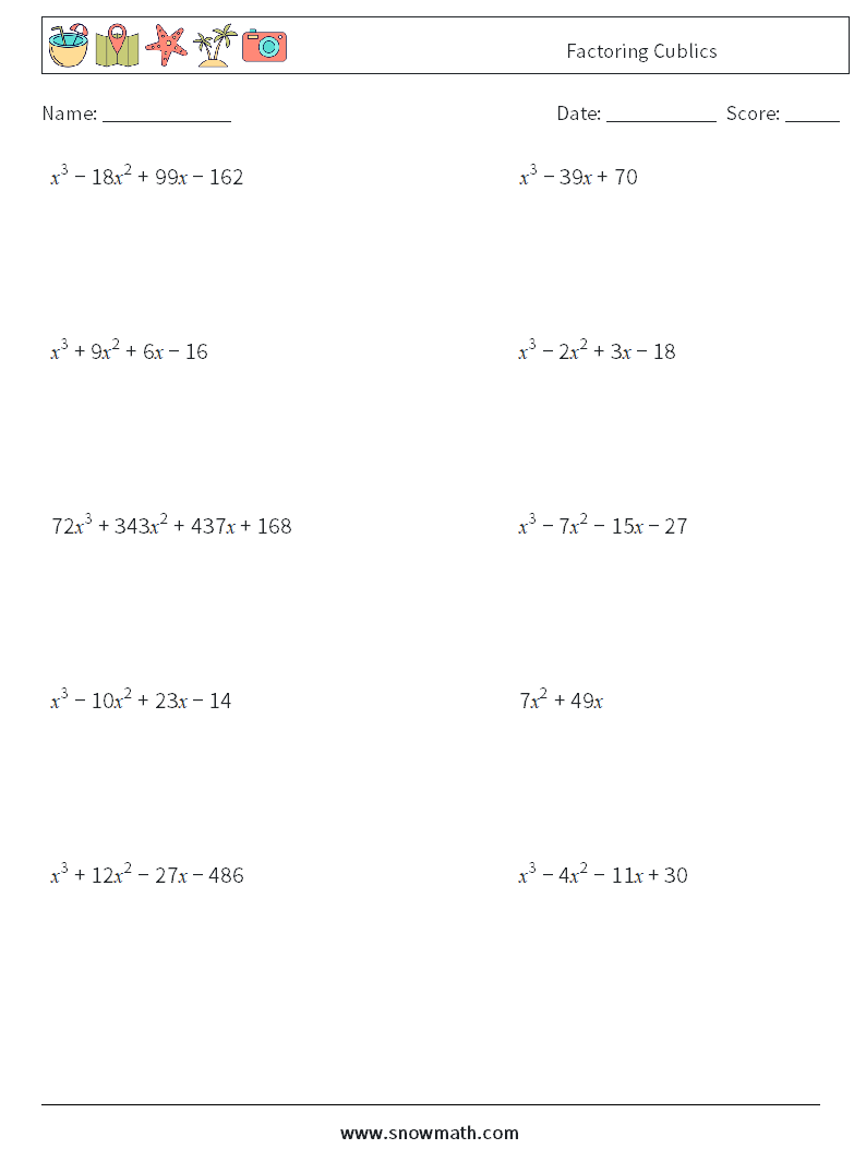 Factoring Cublics Math Worksheets 3