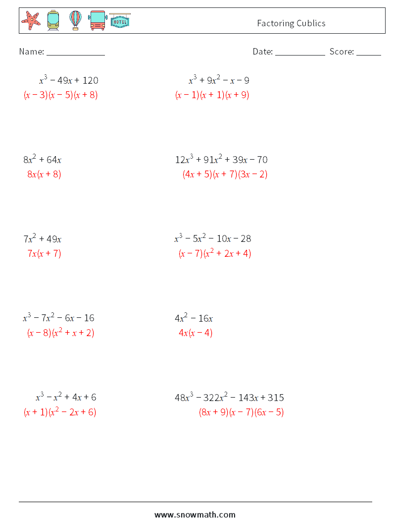 Factoring Cublics Math Worksheets 4 Question, Answer