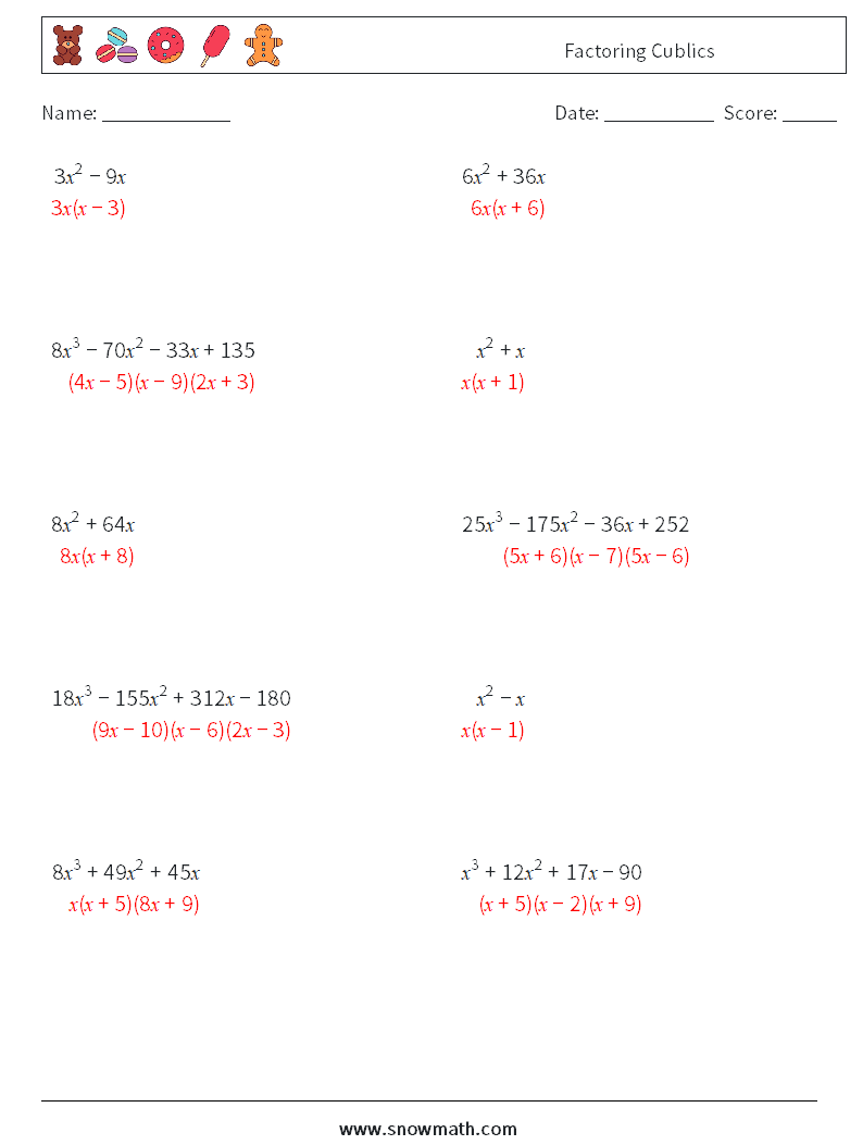 Factoring Cublics Math Worksheets 5 Question, Answer