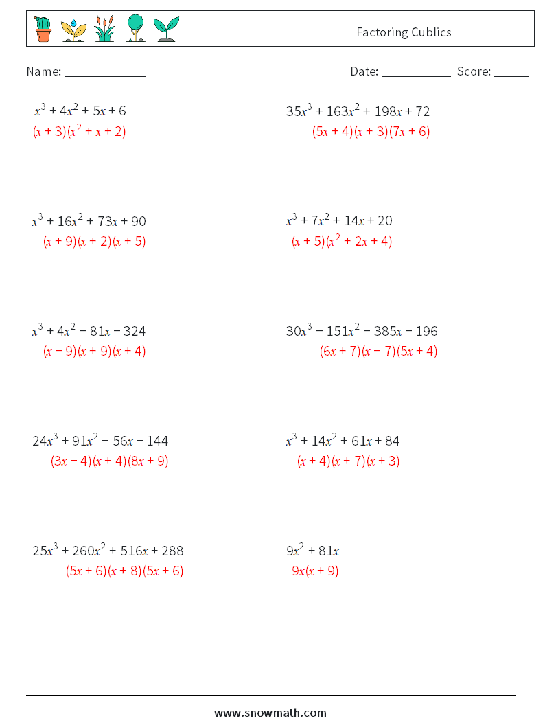 Factoring Cublics Math Worksheets 6 Question, Answer