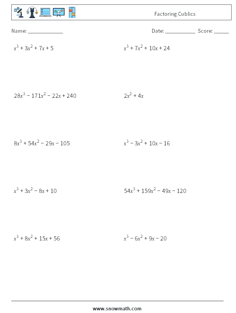 Factoring Cublics Math Worksheets 7