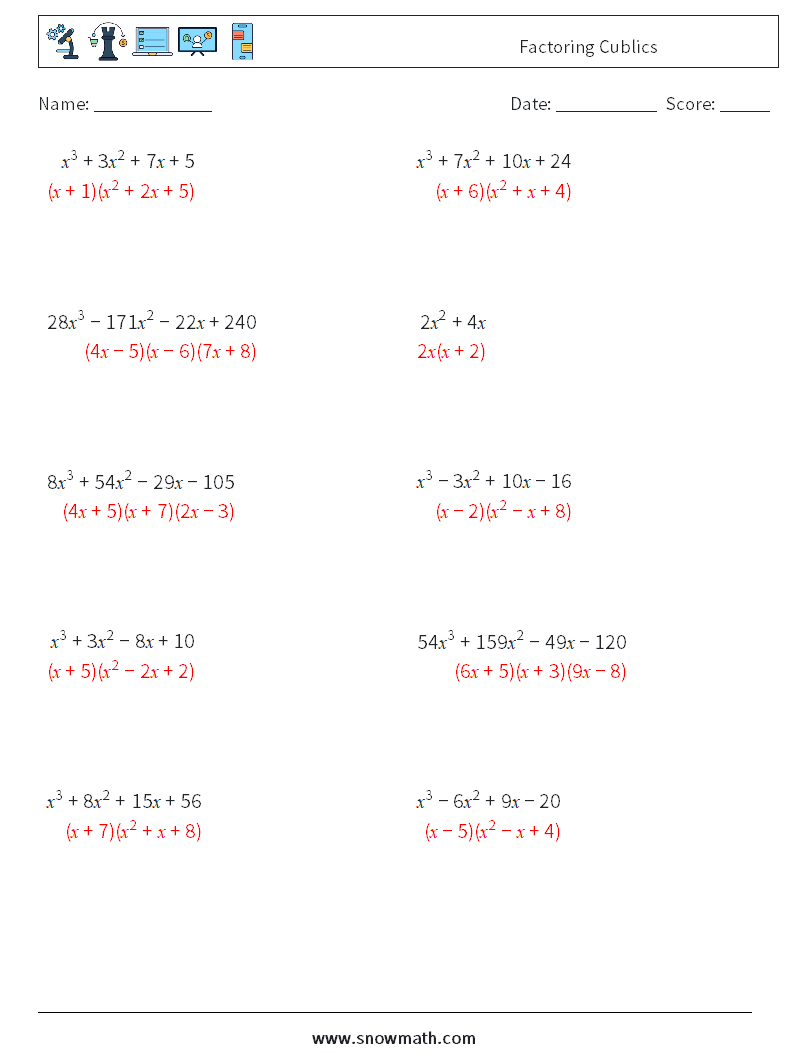 Factoring Cublics Math Worksheets 7 Question, Answer