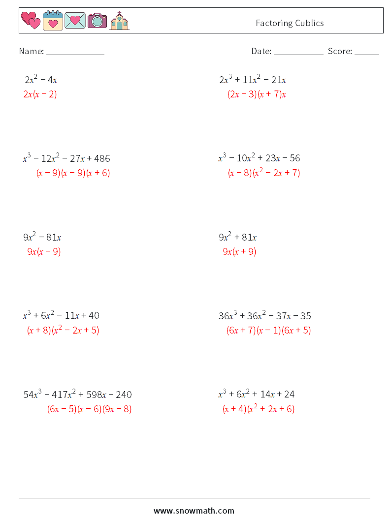 Factoring Cublics Math Worksheets 8 Question, Answer