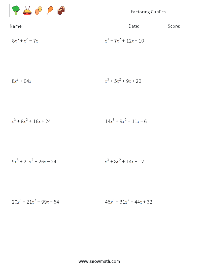 Factoring Cublics Math Worksheets 9