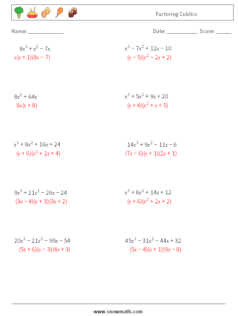 Factoring Cublics Math Worksheets 9 Question, Answer