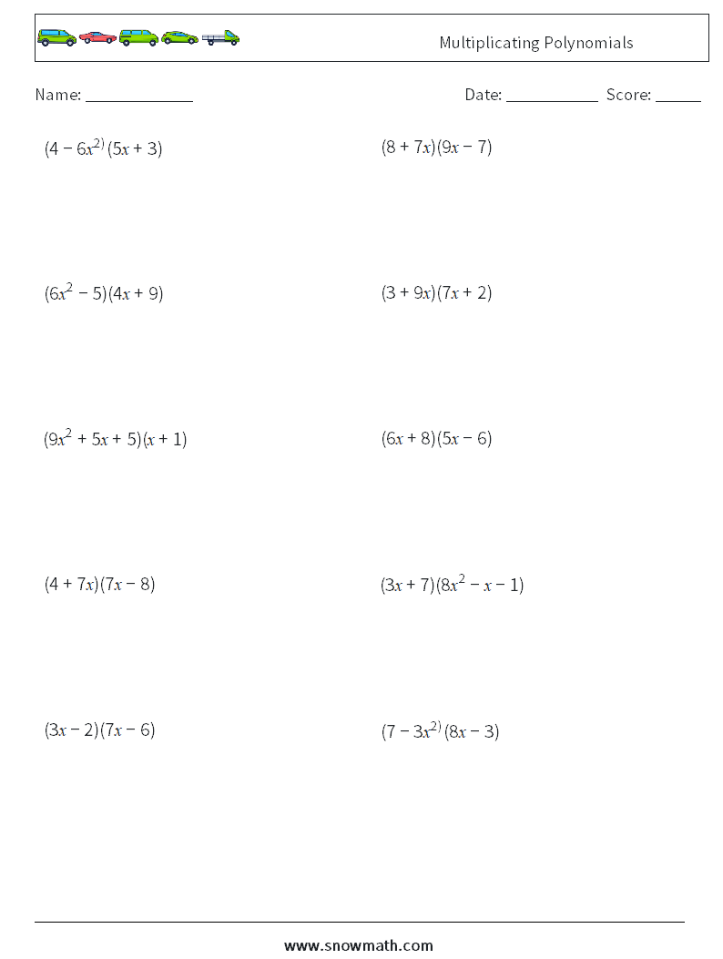 Multiplicating Polynomials Math Worksheets 1