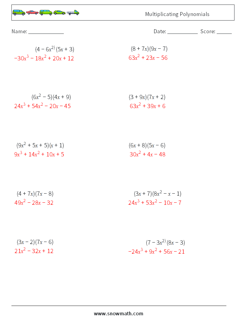 Multiplicating Polynomials Math Worksheets 1 Question, Answer