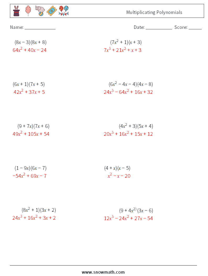 Multiplicating Polynomials Math Worksheets 2 Question, Answer
