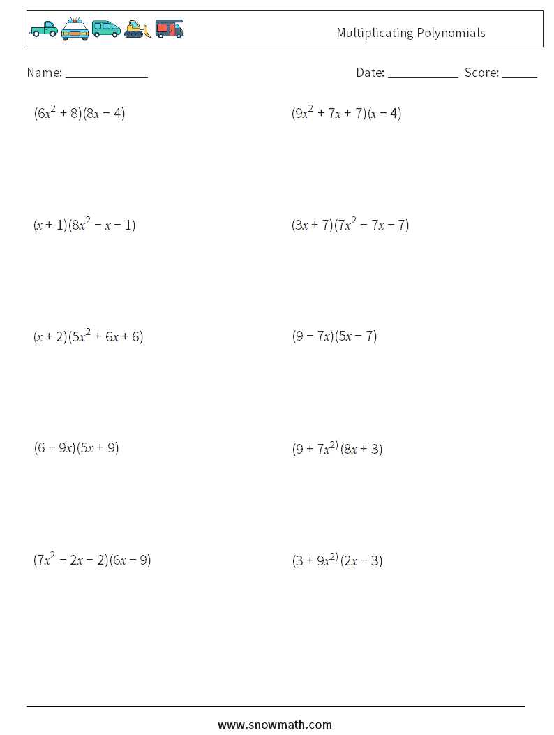 Multiplicating Polynomials Math Worksheets 3