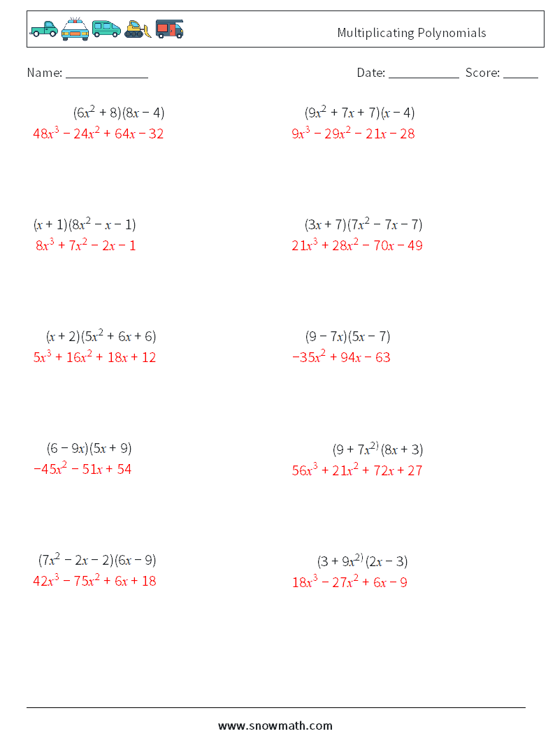 Multiplicating Polynomials Math Worksheets 3 Question, Answer