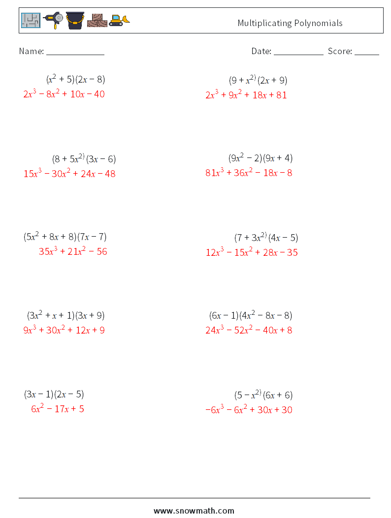 Multiplicating Polynomials Math Worksheets 4 Question, Answer