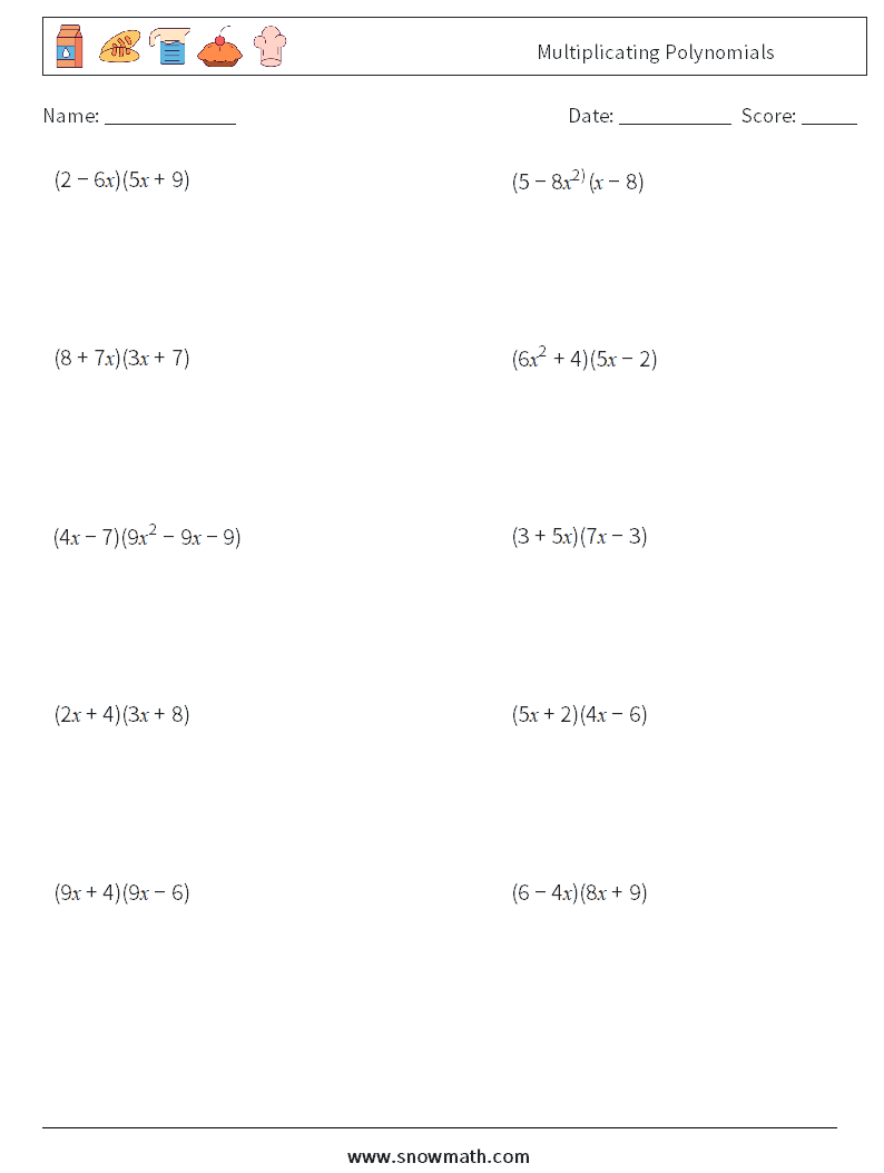 Multiplicating Polynomials Math Worksheets 5