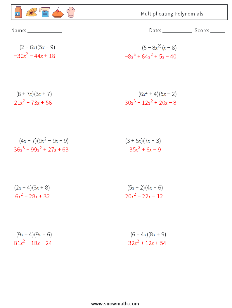 Multiplicating Polynomials Math Worksheets 5 Question, Answer