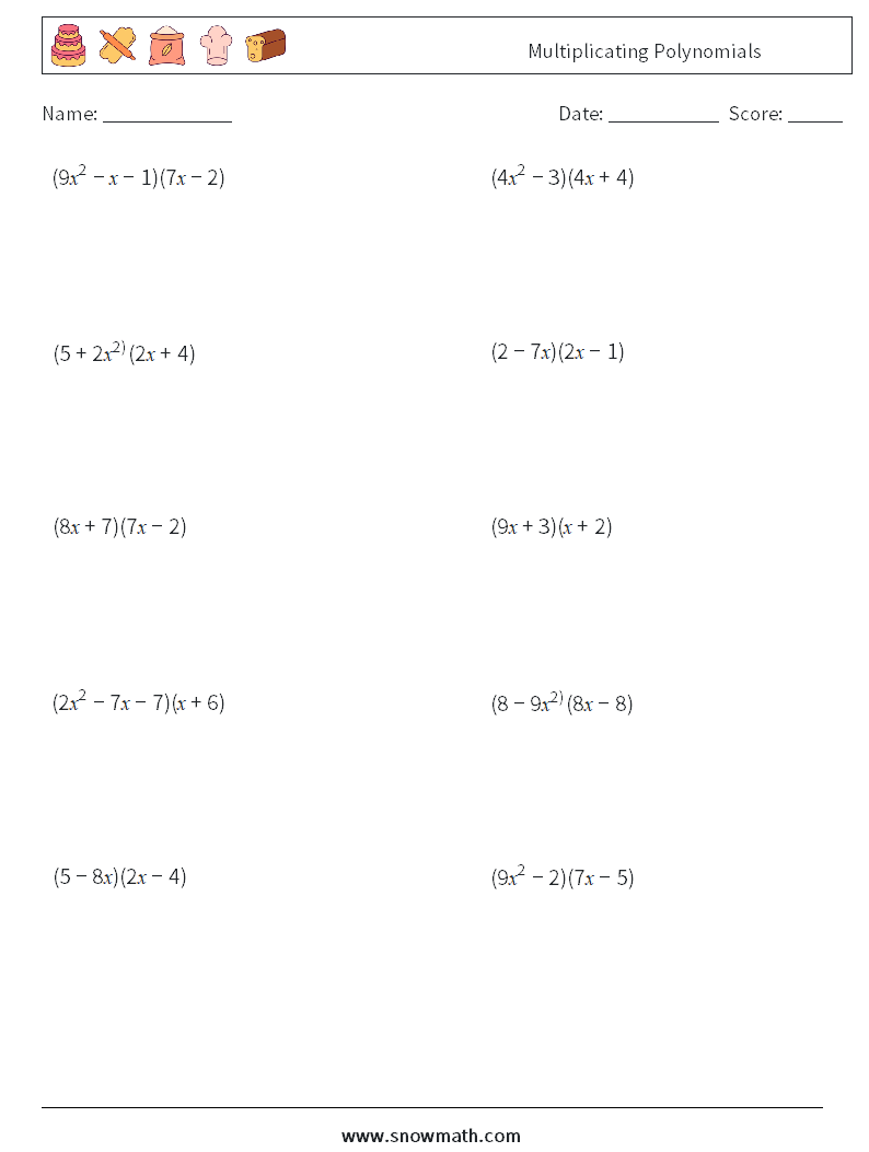 Multiplicating Polynomials Math Worksheets 6