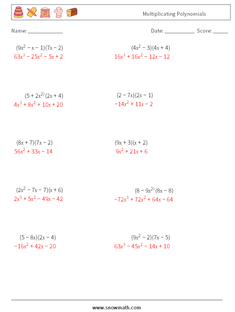Multiplicating Polynomials Math Worksheets 6 Question, Answer