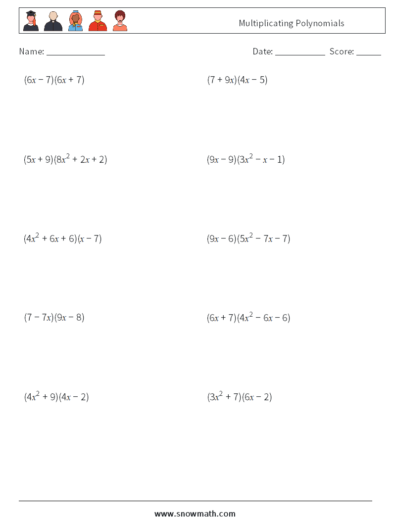 Multiplicating Polynomials Math Worksheets 7