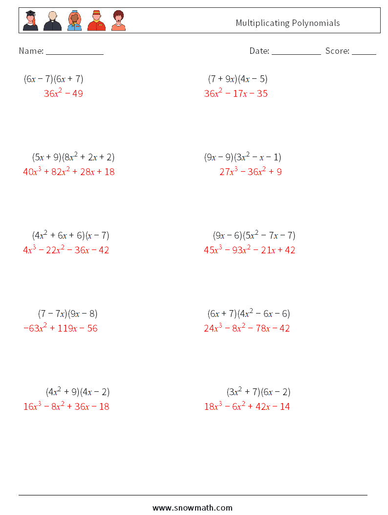 Multiplicating Polynomials Math Worksheets 7 Question, Answer