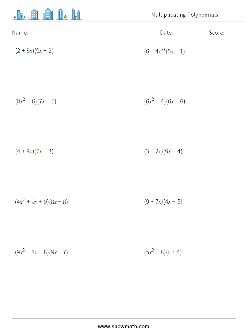 Multiplicating Polynomials Math Worksheets 8