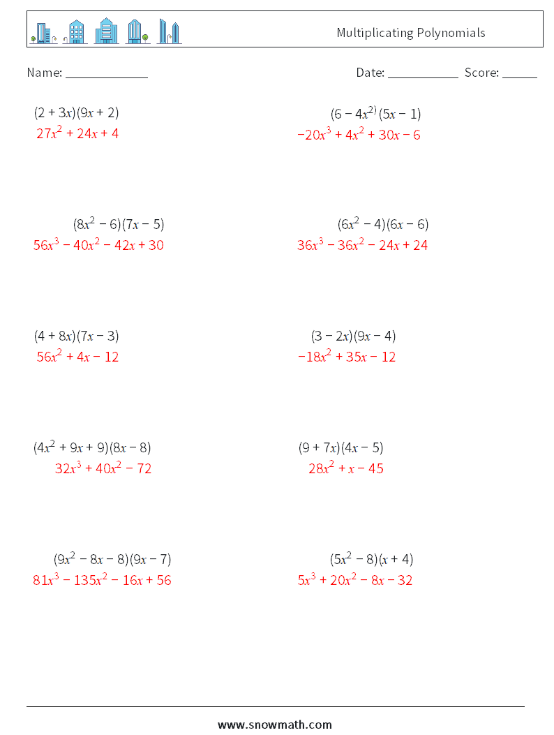 Multiplicating Polynomials Math Worksheets 8 Question, Answer