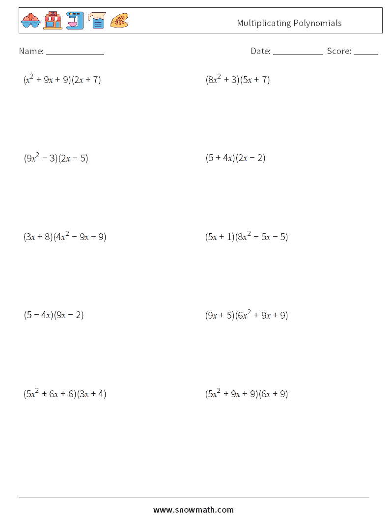 Multiplicating Polynomials Math Worksheets 9