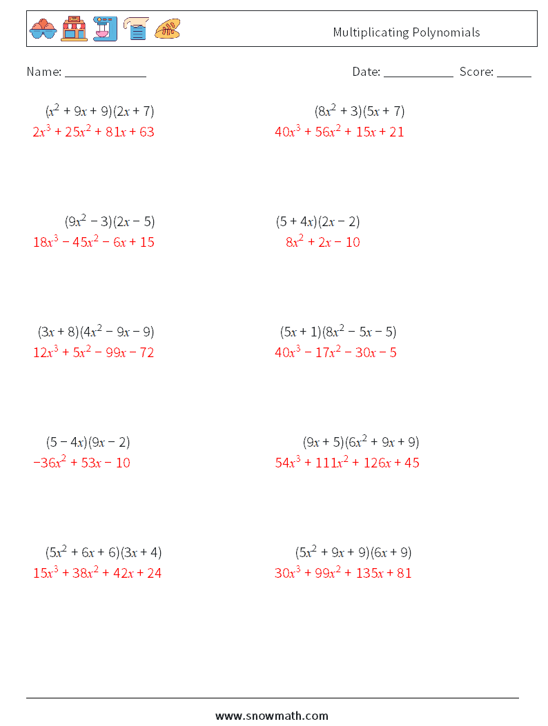 Multiplicating Polynomials Math Worksheets 9 Question, Answer