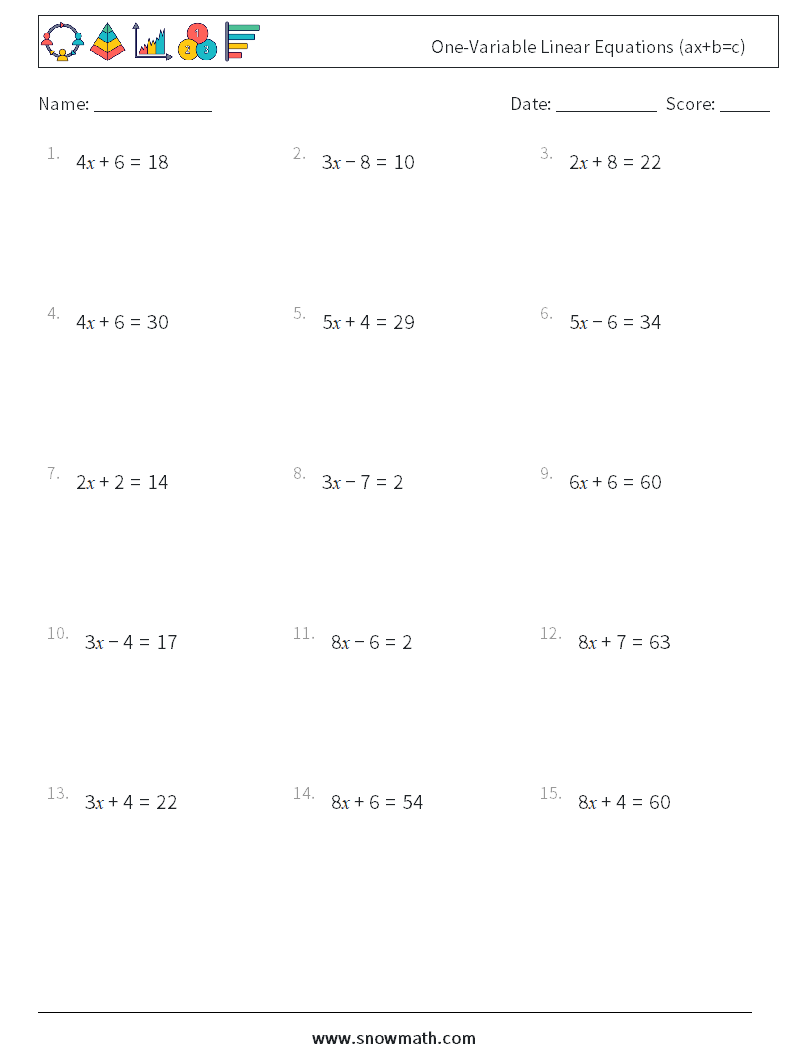 One-Variable Linear Equations (ax+b=c) Math Worksheets 10