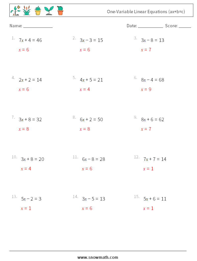 One-Variable Linear Equations (ax+b=c) Math Worksheets 11 Question, Answer