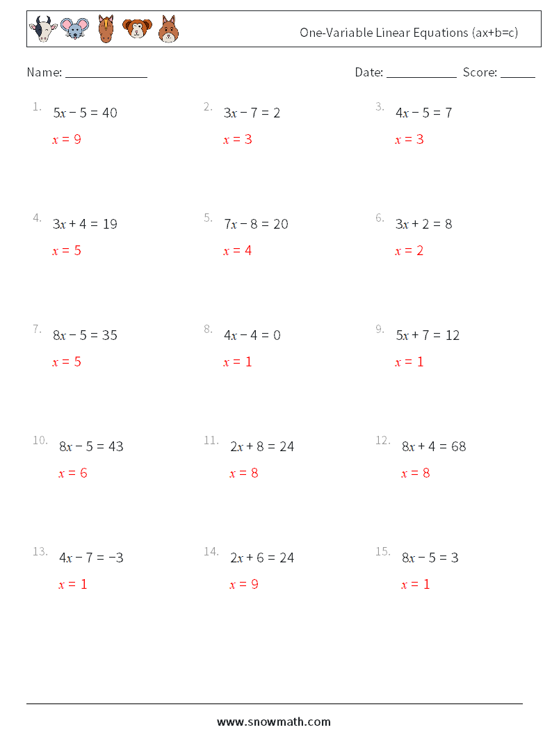 One-Variable Linear Equations (ax+b=c) Math Worksheets 16 Question, Answer