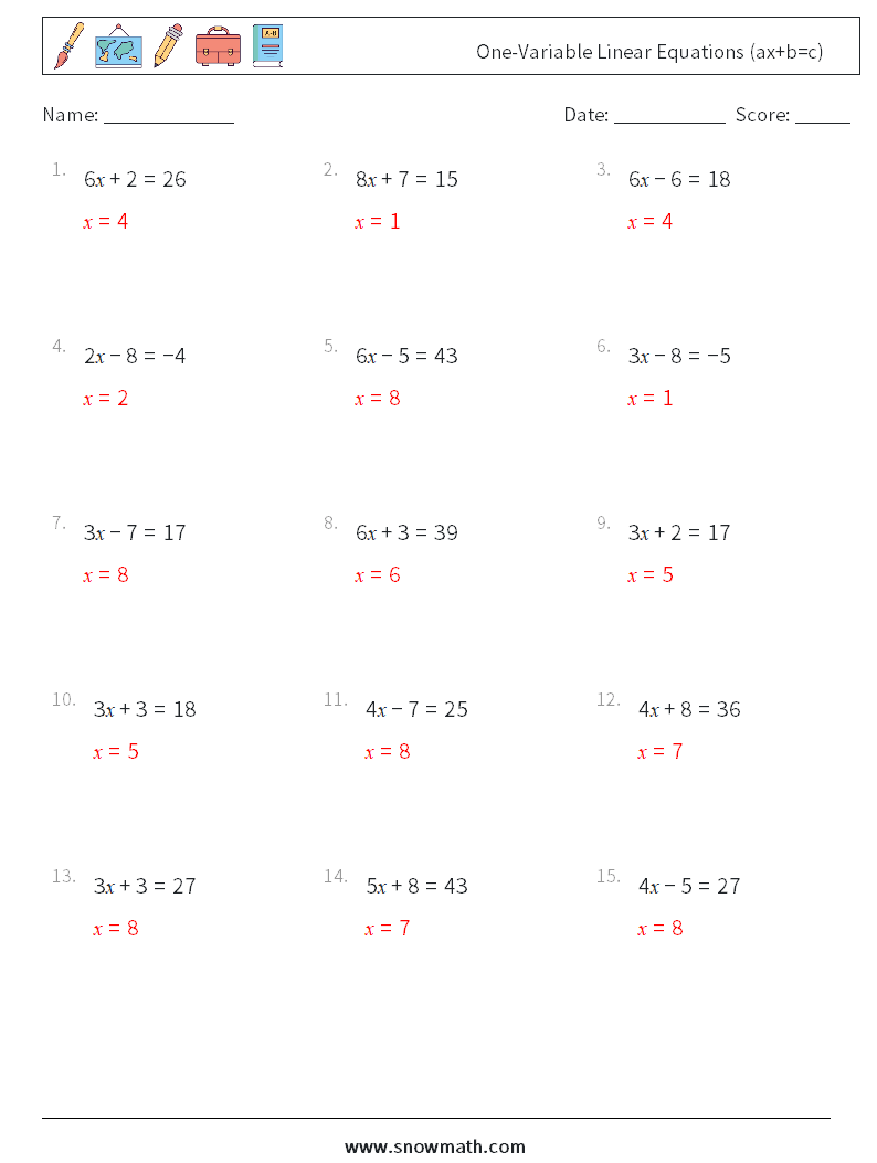 One-Variable Linear Equations (ax+b=c) Math Worksheets 18 Question, Answer