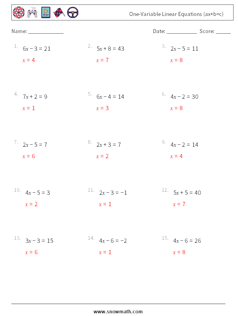 One-Variable Linear Equations (ax+b=c) Math Worksheets 1 Question, Answer