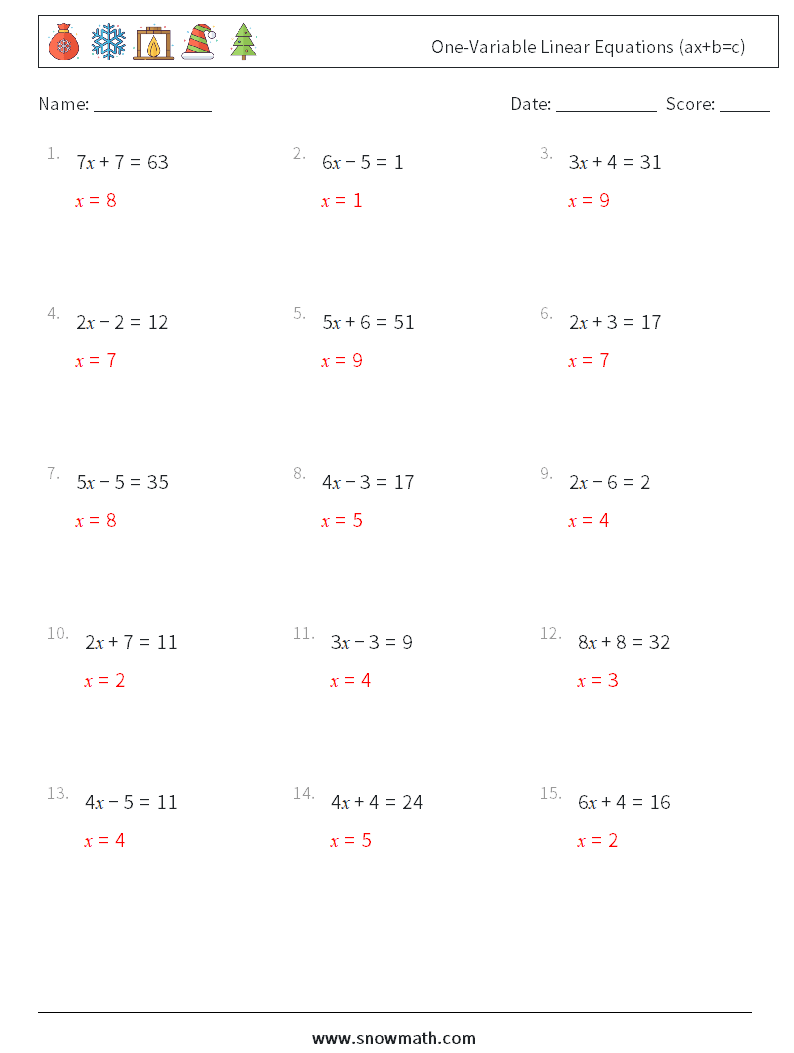 One-Variable Linear Equations (ax+b=c) Math Worksheets 2 Question, Answer