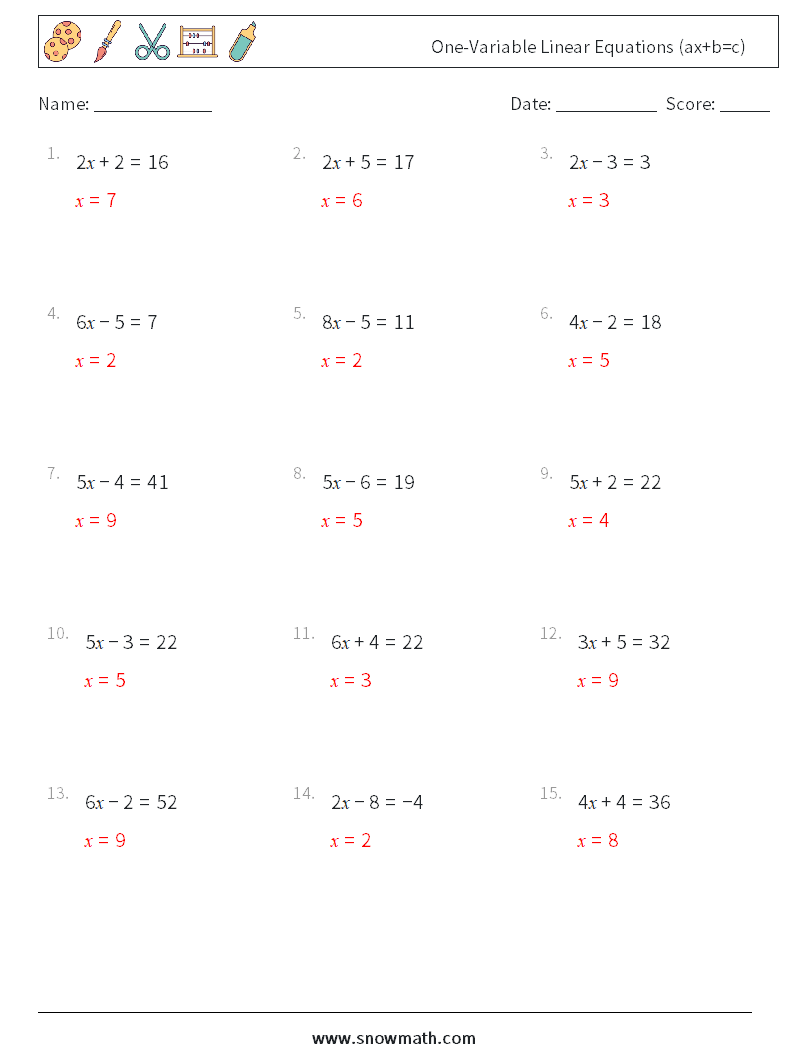 One-Variable Linear Equations (ax+b=c) Math Worksheets 3 Question, Answer