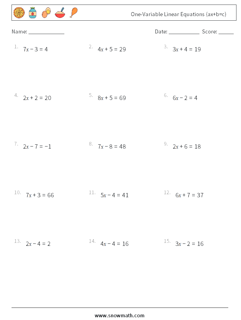 One-Variable Linear Equations (ax+b=c) Math Worksheets 5