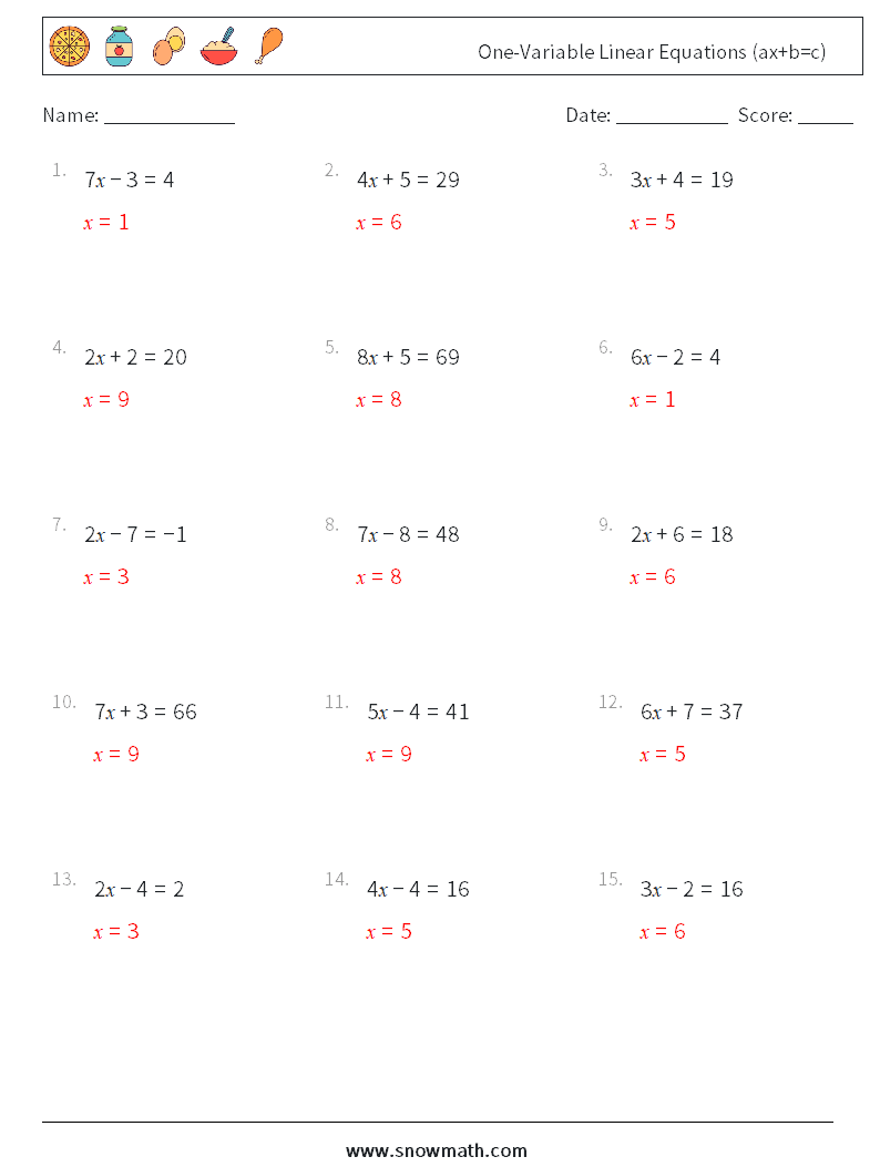 One-Variable Linear Equations (ax+b=c) Math Worksheets 5 Question, Answer