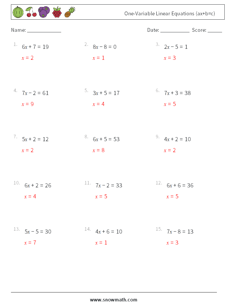 One-Variable Linear Equations (ax+b=c) Math Worksheets 6 Question, Answer